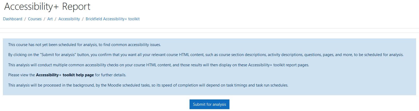 Submitting a course for analysis with the Accessibility+ Toolkit