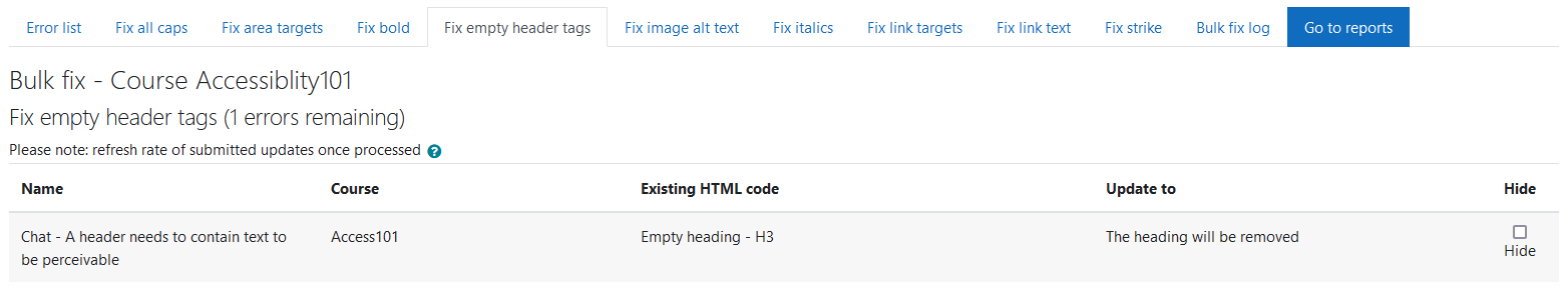 The Fix empty headers wizard of the Accessibility+ Toolkit